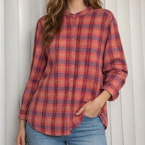 L.L. Bean linen blend Plaid Button-Down Shirt